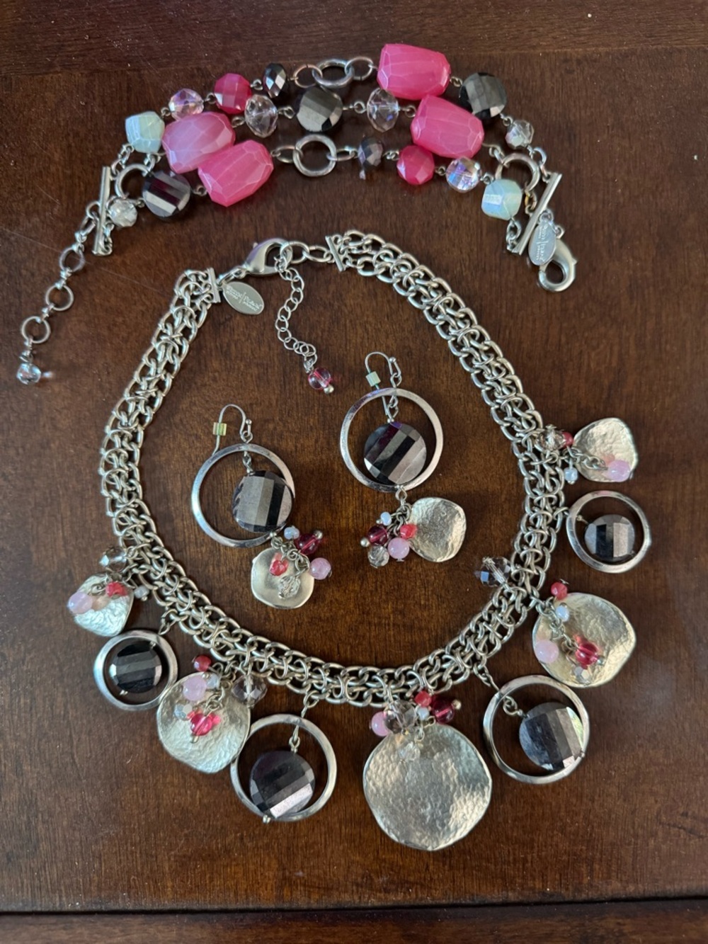 Silver-Tone Necklace, Bracelet & Earring Set with Pink and Black Accents